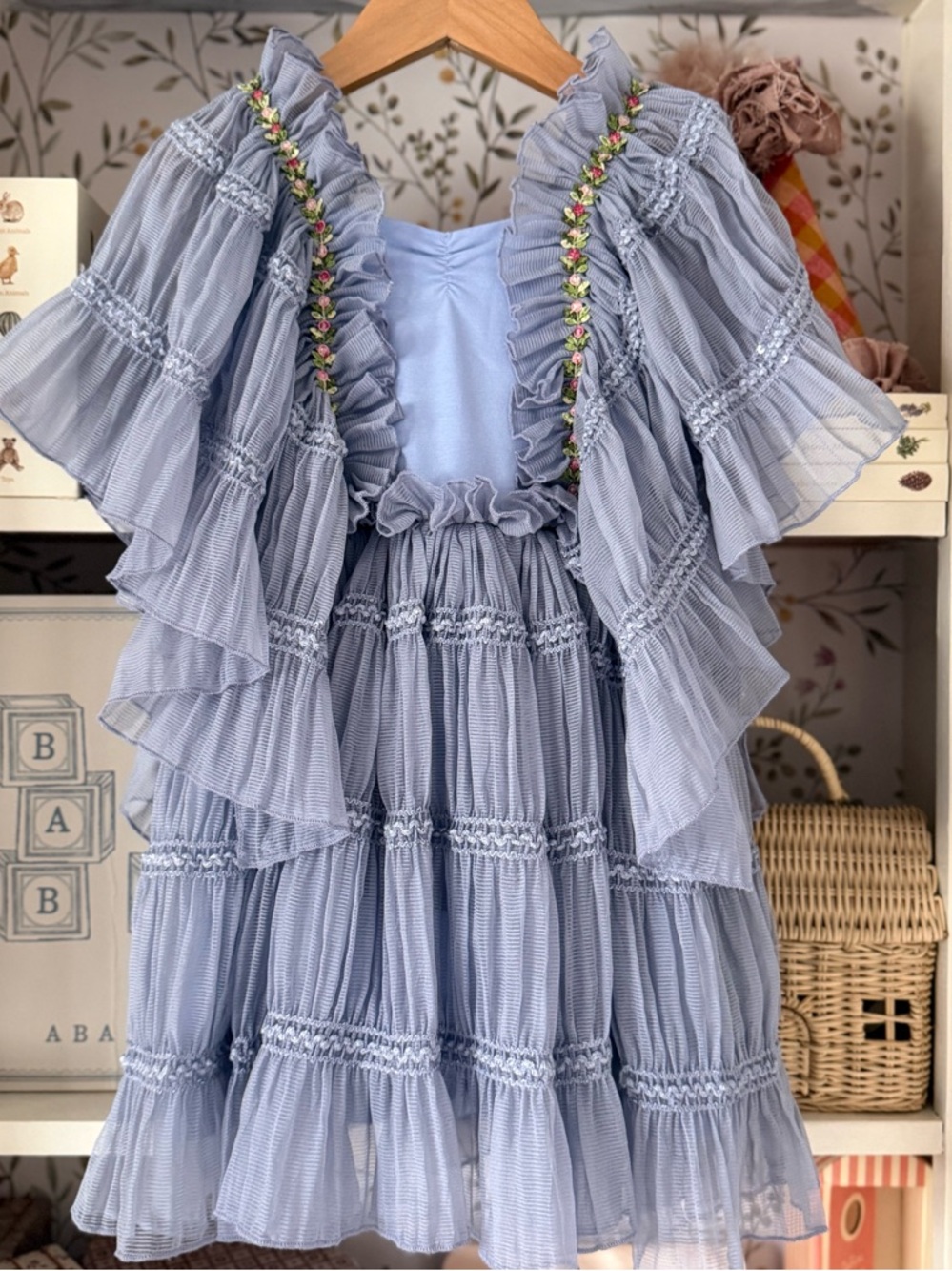 Dollcake Powder Blue Ruffled Girls' Occasion Dress with Floral Trim